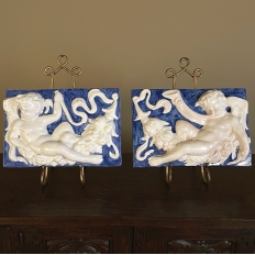 Pair Antique Painted Ceramic Tiles