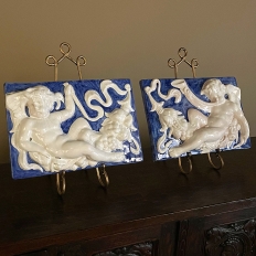 Pair Antique Italian Della Robbia Style Glazed Terracotta Plaques with Cherubs