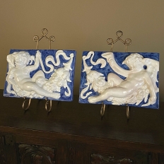 Pair Antique Italian Della Robbia Style Glazed Terracotta Plaques with Cherubs