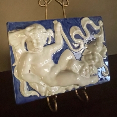 Pair Antique Italian Della Robbia Style Glazed Terracotta Plaques with Cherubs