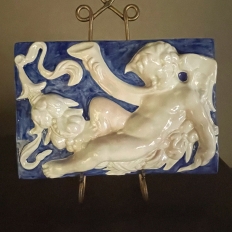 Pair Antique Italian Della Robbia Style Glazed Terracotta Plaques with Cherubs