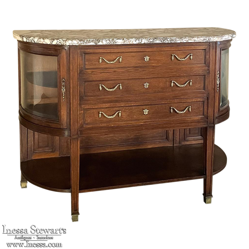 19th Century French Louis XVI Walnut Marble Top Display Buffet 