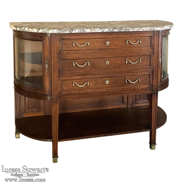 19th Century French Louis XVI Walnut Marble Top Display Buffet
