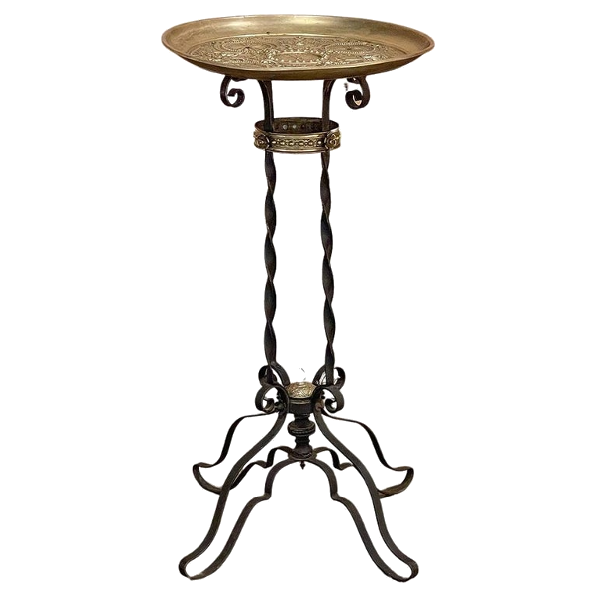 End Table Plant Stand, 19th Century French Embossed Brass & Wrought Iron