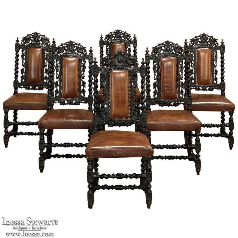Set of Six 19th Century French Renaissance Dining Chairs with Leather