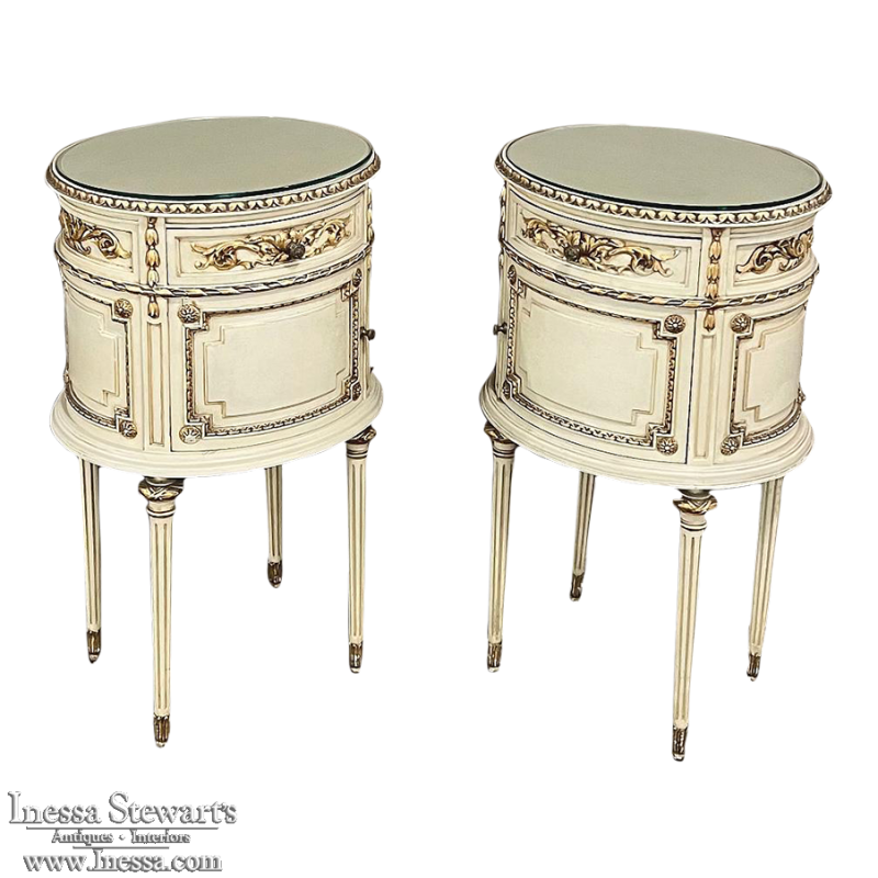 Pair Antique Italian Neoclassical Painted Oval Nightstands ~ End Tables