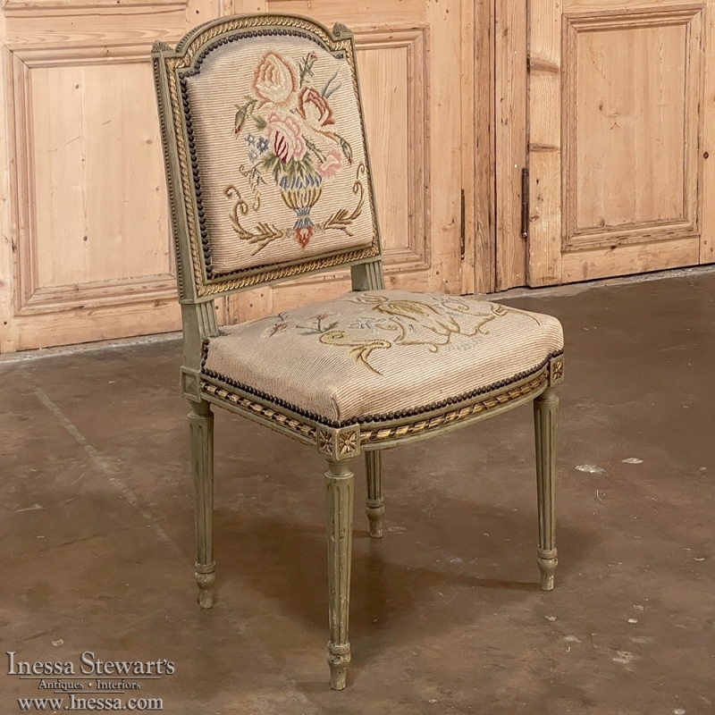 Antique French Louis XVI Painted Tapestry Chair - Inessa Stewart's Antiques