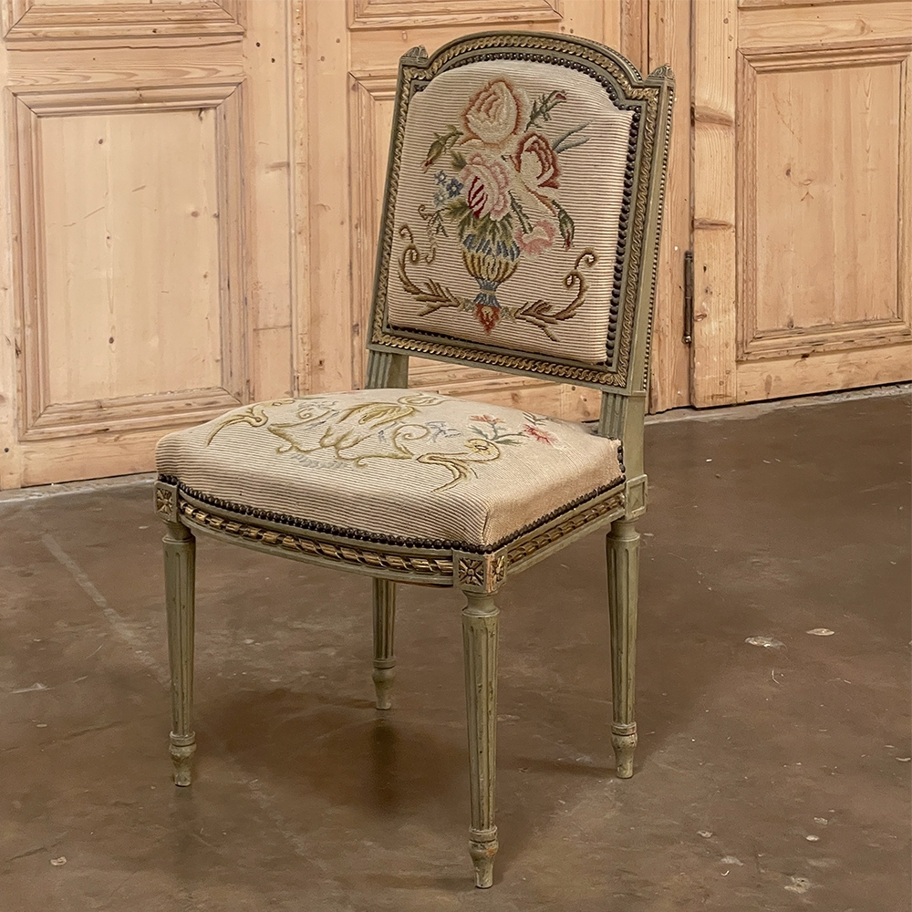 French Antique Louis XVI Style Chair Needlepoint & Petit Point