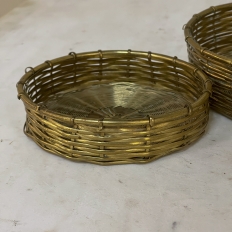 Pair Mid-Century Woven Brass Round Serving Coasters