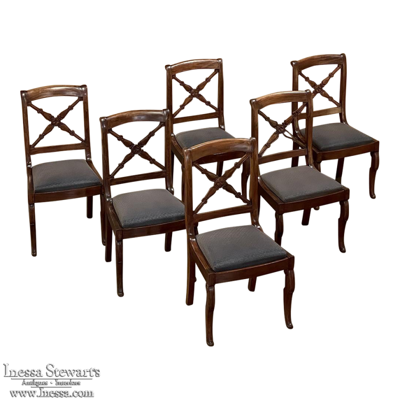 Set of Six 19th Century French Charles X Walnut Dining Chairs