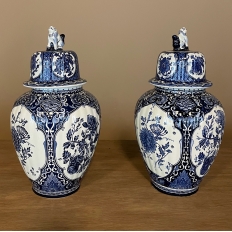 Pair Antique Delft Lidded Urns by Boch of Belgium