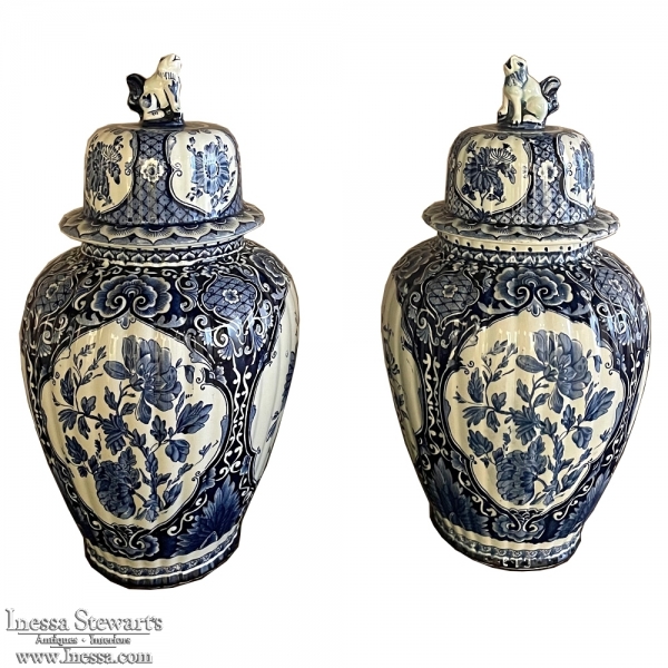 Pair Antique Delft Blue & White Lidded Urns