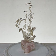 Vintage Italian Sterling Silver Sailing Ship in Glass Dome on Quartz Base