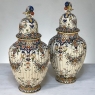 Pair Antique French Hand-Painted Urns with Lids from Rouen