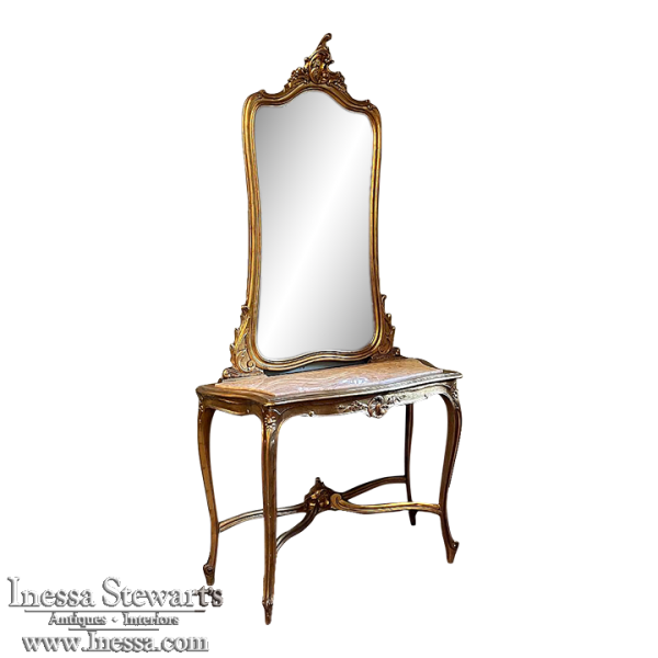19th Century Italian Rococo Giltwood Marble Top Console with Mirror
