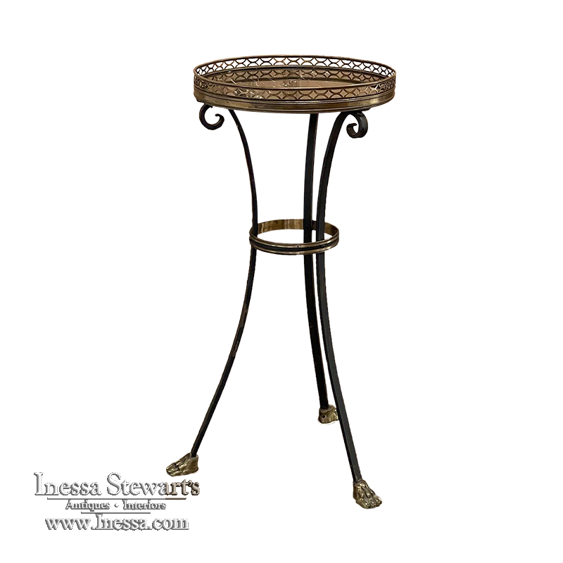 Mid-Century Neoclassical Wrought Iron, Brass & Marble Lamp Table