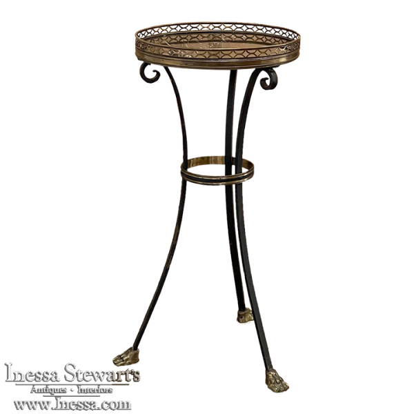 Mid-Century Neoclassical Wrought Iron, Brass & Marble Lamp Table