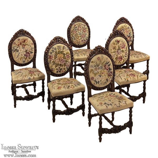 Set of Six 19th Century French Louis XVI Carved Dining Chairs with Original Needlepoint
