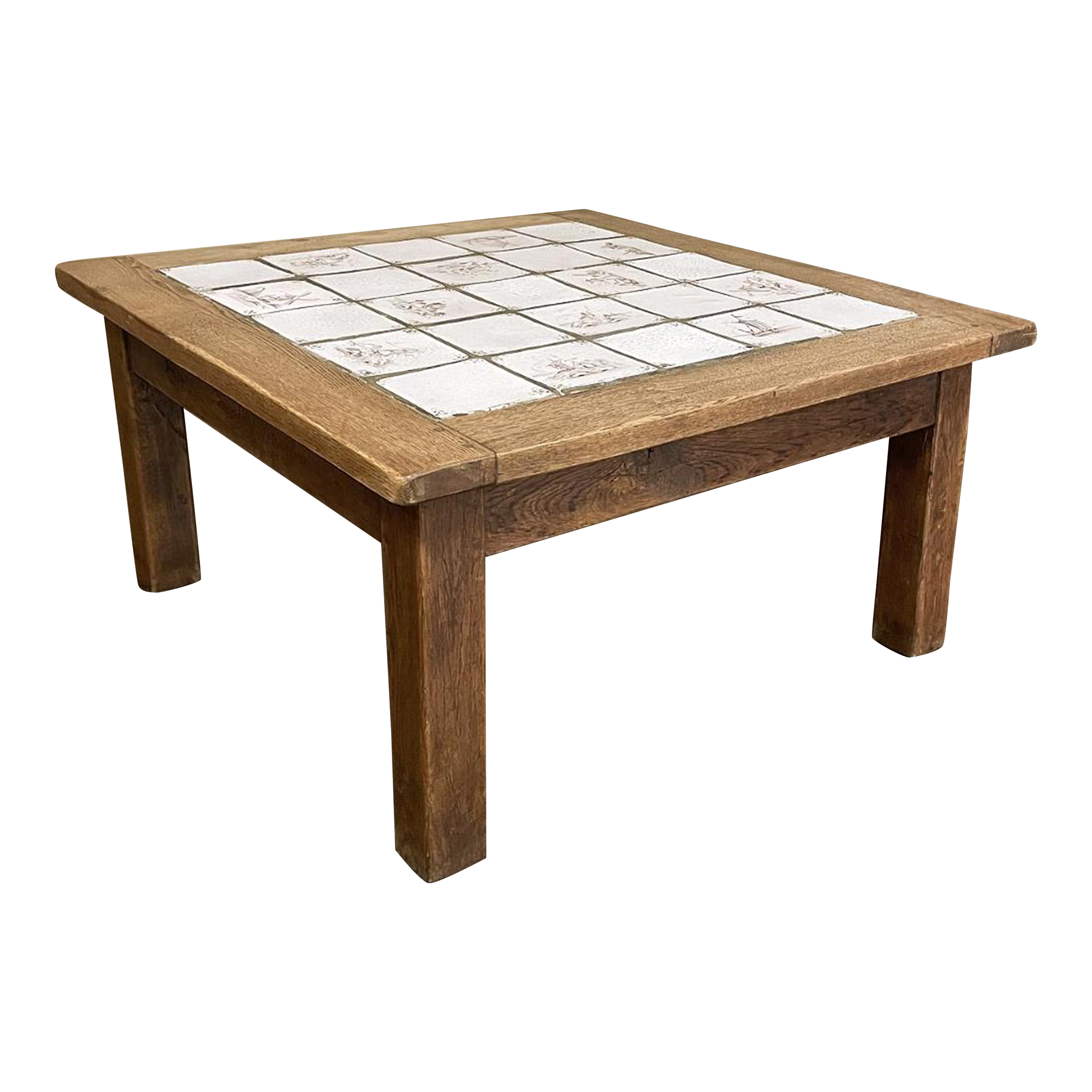 Rustic Antique Oak Coffee Table with HandPainted Delft Tiles