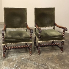 Pair 19th Century French Louis XIII Walnut Armchairs ~ Fauteuils with Mohair