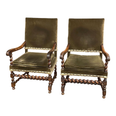 Pair 19th Century French Louis XIII Walnut Armchairs ~ Fauteuils with Mohair