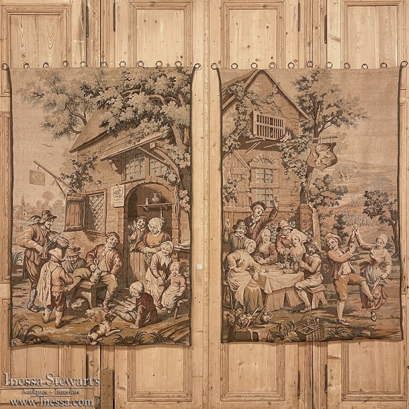 Pair Antique Tapestries after David Teniers the Younger