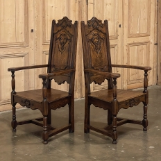 Pair Antique Liegoise Louis XIV Solid Oak Armchairs