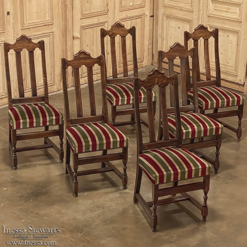 Set of 6 Antique Country French Upholstered Dining Chairs