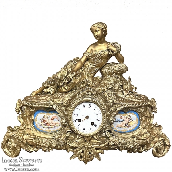 19th Century French Neoclassical Sevres Spelter Hand-Painted Mantel Clock