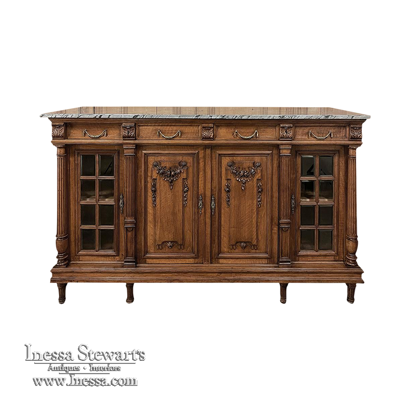 19th Century French Louis XVI Marble Top Walnut Display Buffet