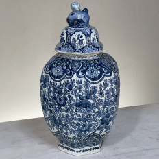 19th Century Delft Hand-Painted Blue & White Lidded Urn