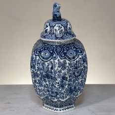 19th Century Delft Hand-Painted Blue & White Lidded Urn