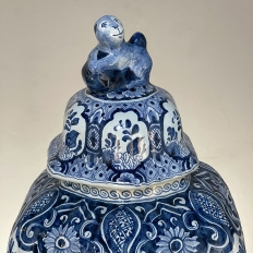19th Century Delft Hand-Painted Blue & White Lidded Urn