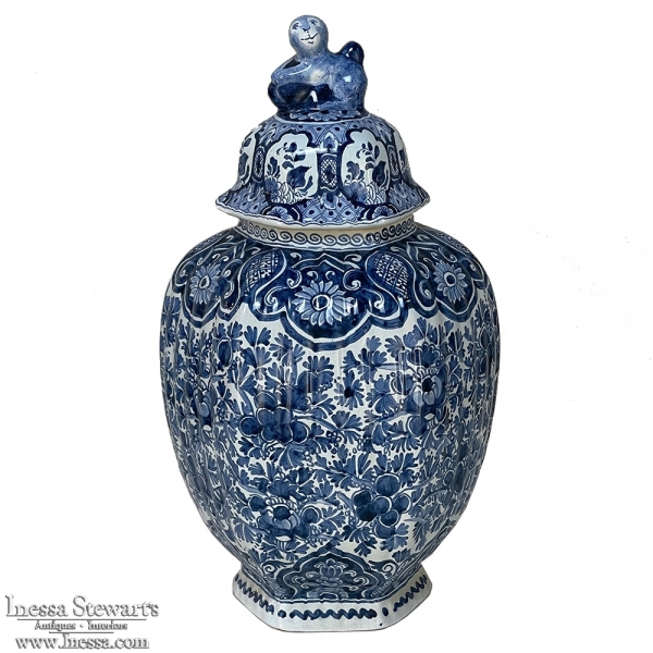 19th Century Delft Hand-Painted Blue & White Lidded Urn