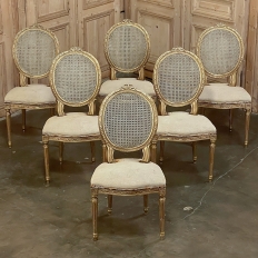 Set of Six Antique French Louis XVI Giltwood Dining Chairs with Caned Backs
