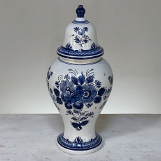 19th Century Hand-Painted Delft Blue & White Lidded Urn