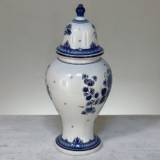 19th Century Hand-Painted Delft Blue & White Lidded Urn