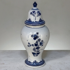 19th Century Hand-Painted Delft Blue & White Lidded Urn