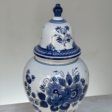 19th Century Hand-Painted Delft Blue & White Lidded Urn