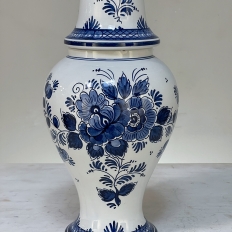 19th Century Hand-Painted Delft Blue & White Lidded Urn