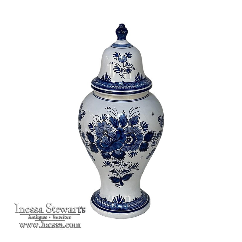 19th Century Hand-Painted Delft Blue & White Lidded Urn