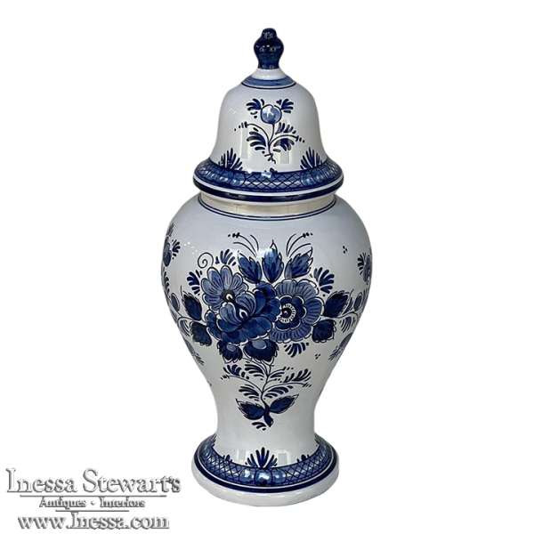 19th Century Hand-Painted Delft Blue & White Lidded Urn