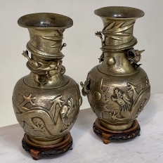 Pair Antique Japanese Bronze Vases on Wood Stands