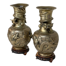 Pair Antique Japanese Bronze Vases on Wood Stands