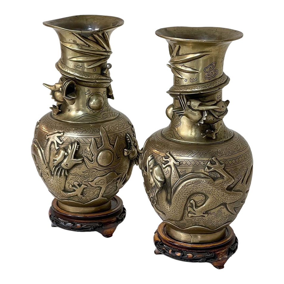 Pair Antique Japanese Bronze Vases on Wood Stands