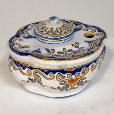 19th Century Hand-Painted Ceramic Inkwell from Rouen