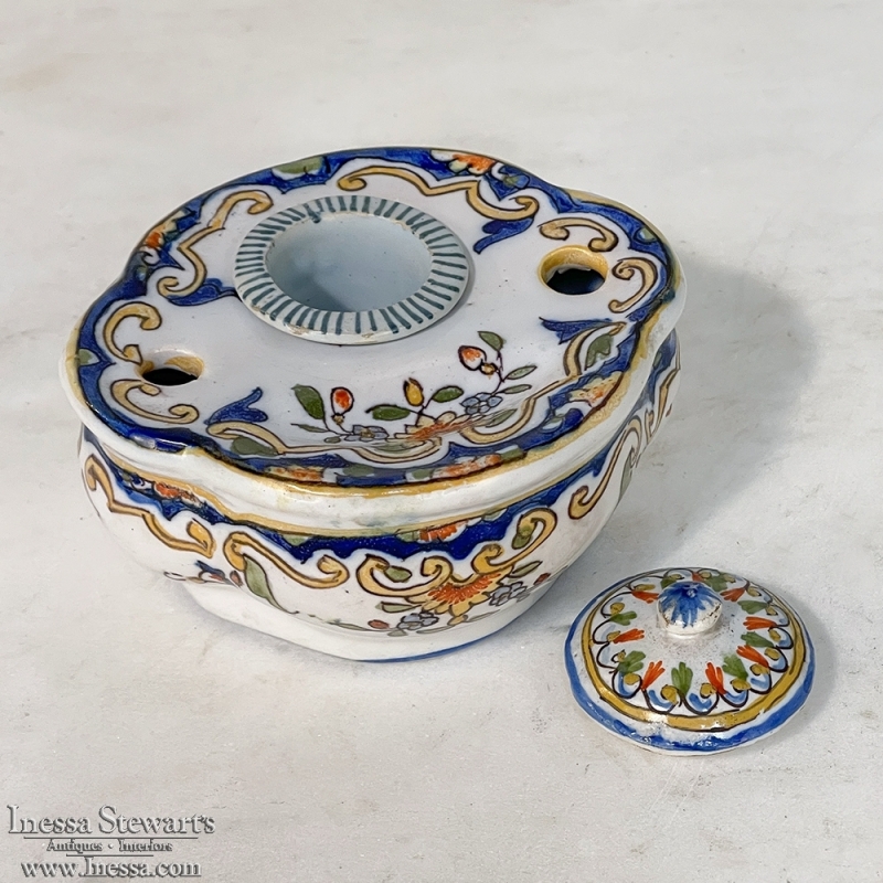 19th Century Hand-Painted Ceramic Inkwell from Rouen