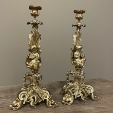 Pair 19th Century French Napoleon III Period Bronze D'Or Rococo Candlesticks