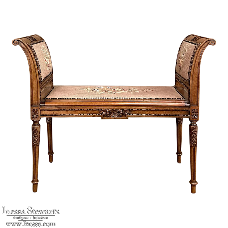 19th Century French Louis XVI Needlepoint Armbench ~ Vanity Bench