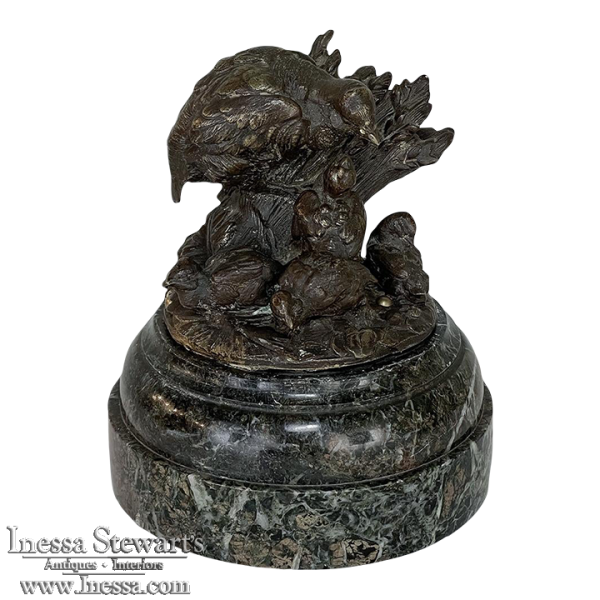 19th Century French Bronze Sculpture of Nesting Quail on Marble Base